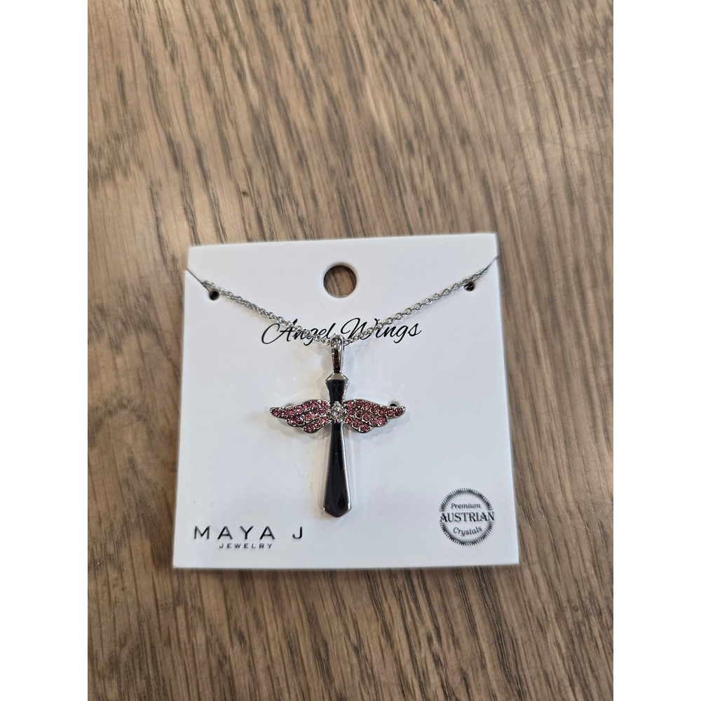 Maya J Angel Wings Cross Necklace Pink Austrian Crystal October Birthstone NEW
